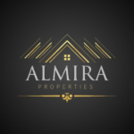 A black and gold logo for almira properties.