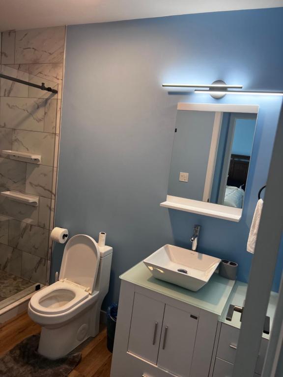 A bathroom with blue walls and white fixtures.