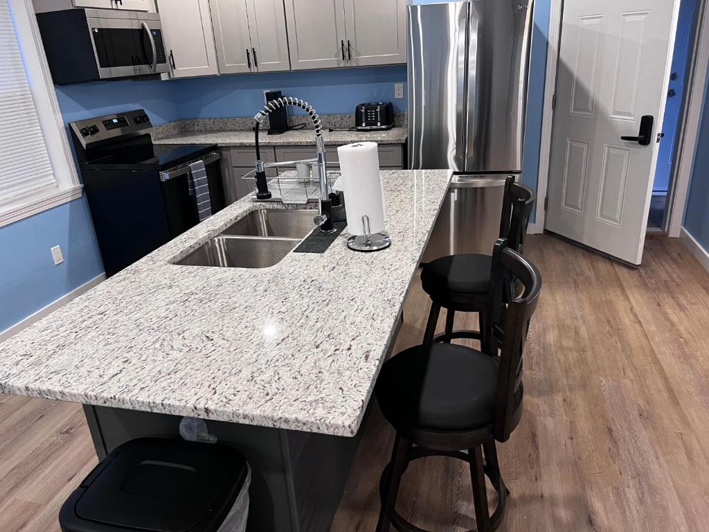 A kitchen with a sink and refrigerator in it